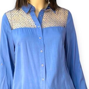 Blue Long Sleeve Mesh Panels Button Down Shirt NEW